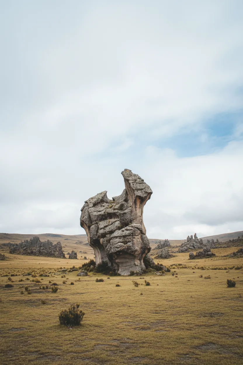 A lone hiker stands in awe amidst the towering rock formations of Huayllay Stone Forest, emphasizing the scale and solitude of the landscape.