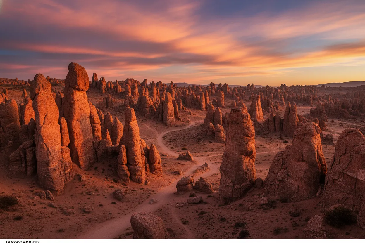 Imagine an army of ancient stone sentinels, silently standing guard over a forgotten battlefield, sculpted by wind and time.