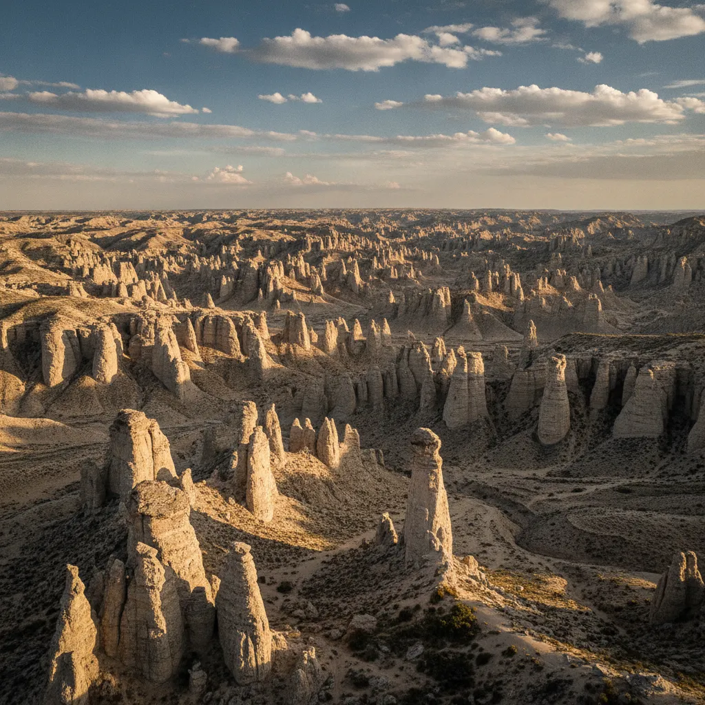 Panoramic view of the vast Bosque de Piedras de Ihuallan with distant mountains under a dramatic sky.