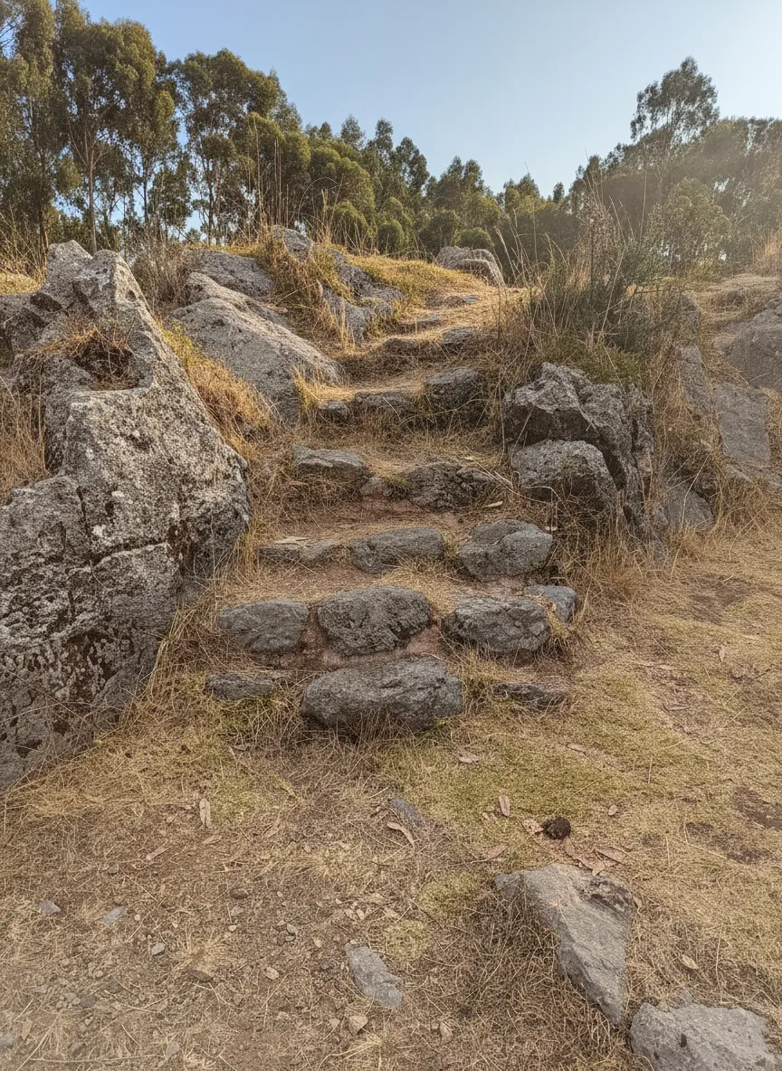 An intricately carved rock formation in the Stone Forest of Sacsayhuaman, showcasing both natural erosion and subtle Incan modifications, like a small altar.