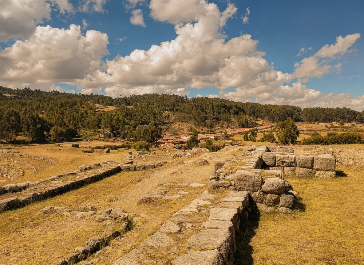 Panoramic view from the Bosque de Rocas, showing parts of the stone labyrinth and the distant city of Cusco under a clear, blue sky.