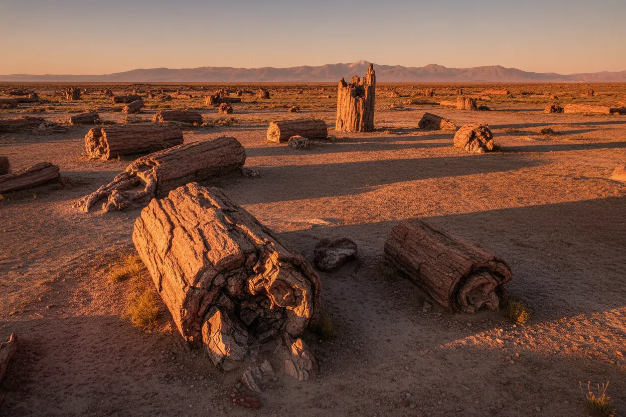 Wander through a surreal, ancient forest where giant trees have turned to stone over millions of years, scattered across a stark Patagonian landscape.