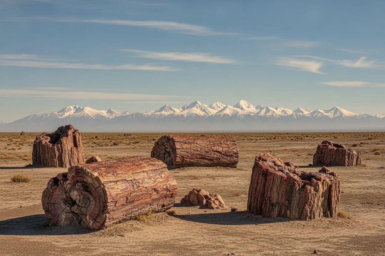 Giant petrified tree trunks scattered across a barren Patagonian landscape under a vast sky