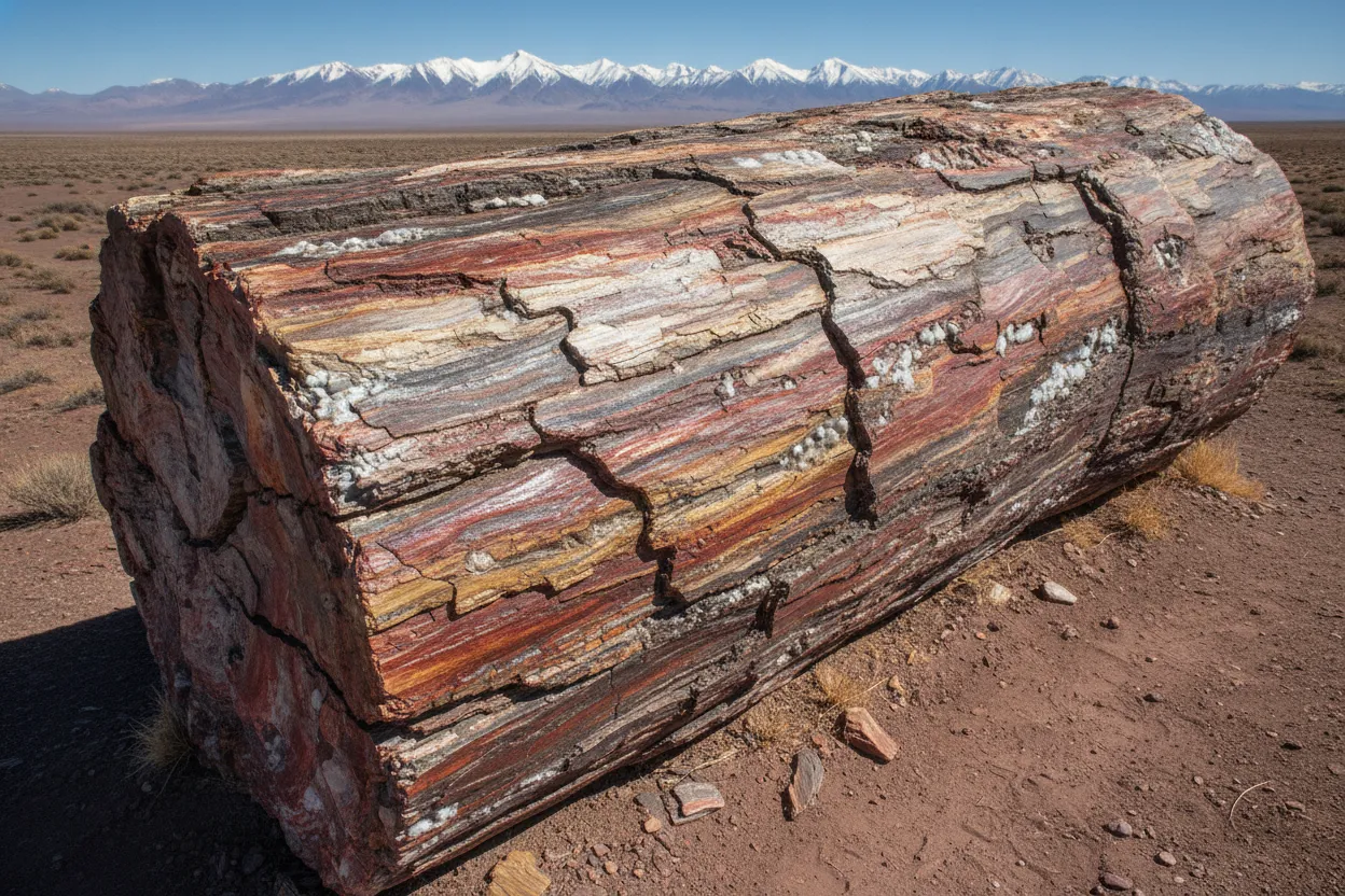Close-up of petrified wood showing intricate grain and colors