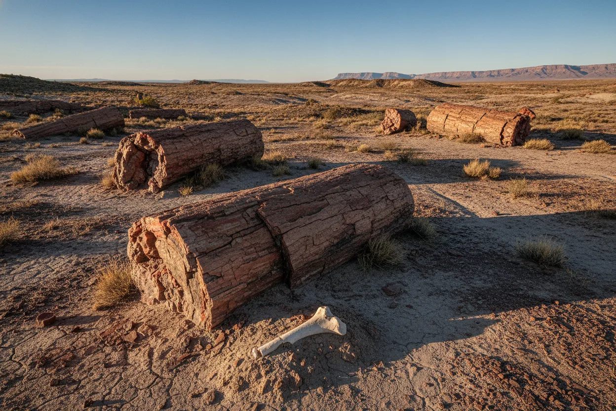 Panoramic view of the Petrified Forest of La Leona under a vast Patagonian sky, with distant hills