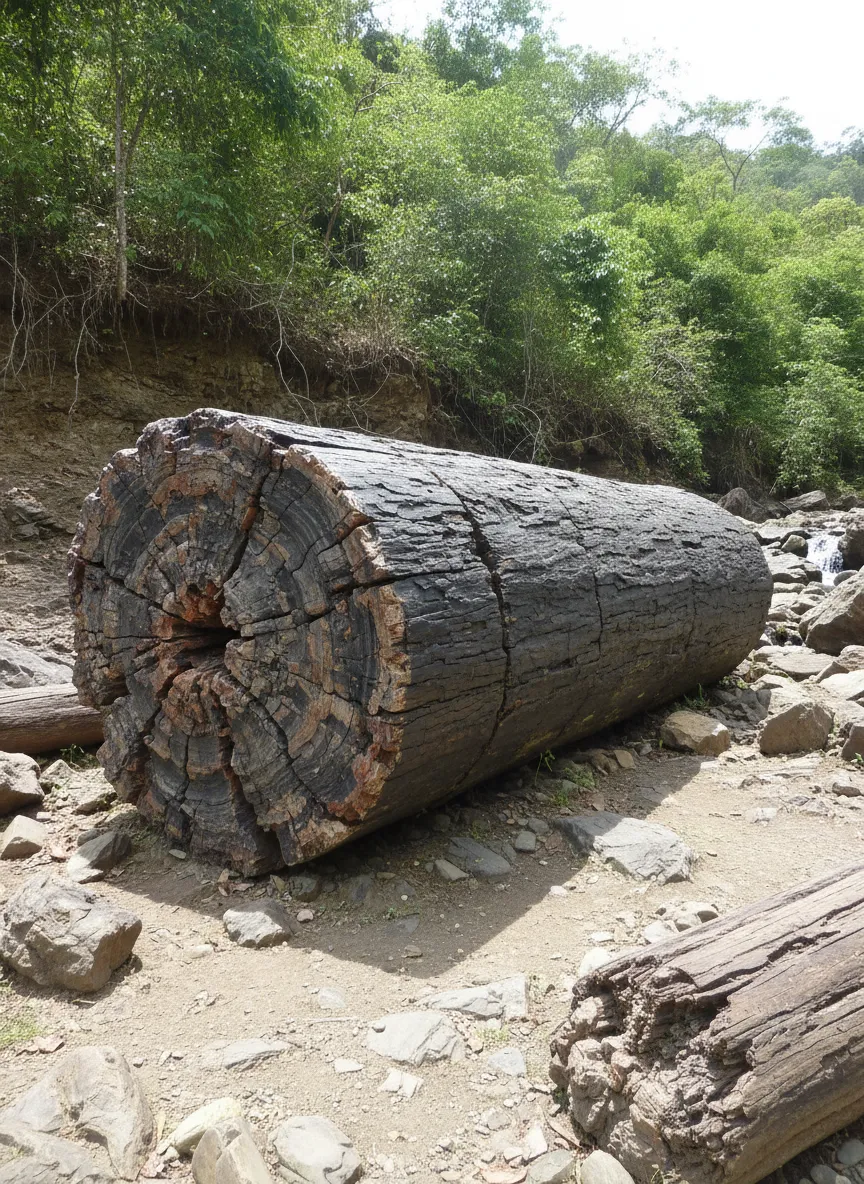Giant petrified tree trunk in Bosque Petrificado Puyango, Ecuador, showing ancient wood patterns.