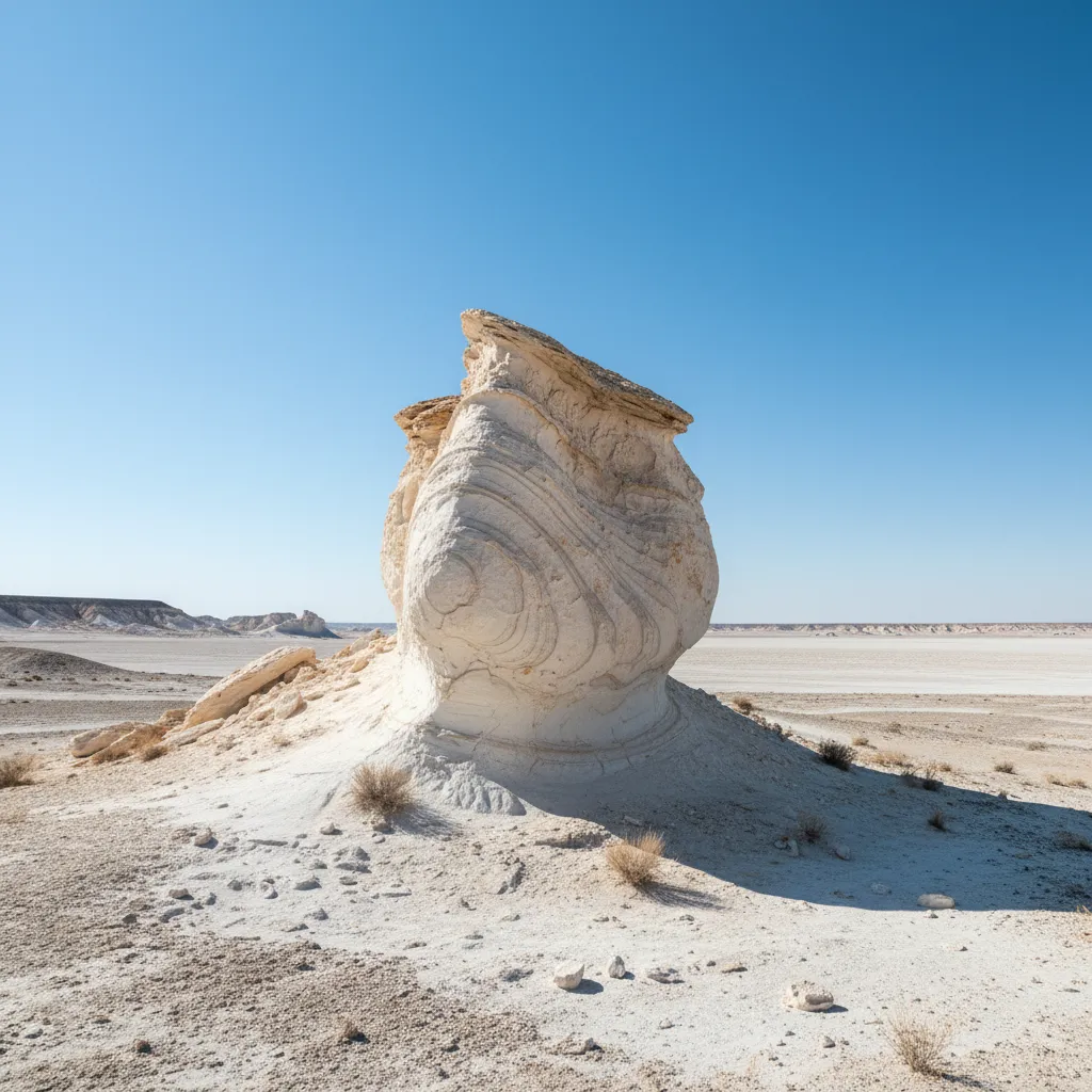 Panoramic view of the Bozjyra Tract with towering white chalk formations under a clear blue sky, resembling alien landscapes.