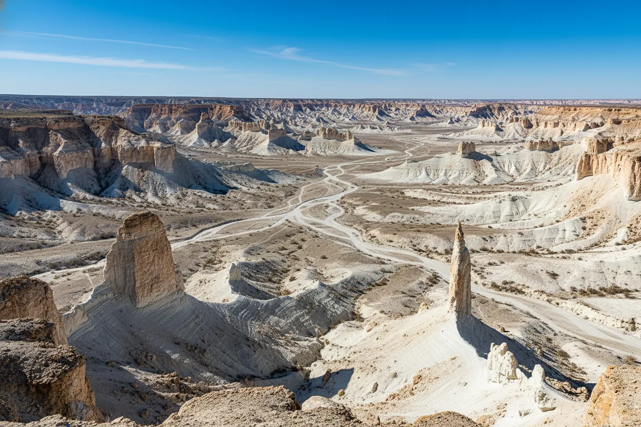 Detailed view of white chalk formations in Bozjyra, showing intricate erosion patterns and a sense of vastness.