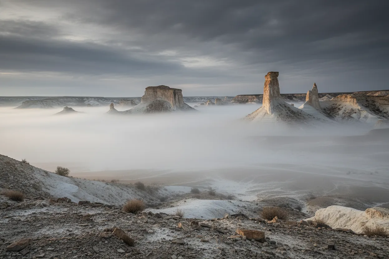 A lone 4x4 vehicle driving through the vast, open chalk desert of Bozjyra, emphasizing its remoteness.