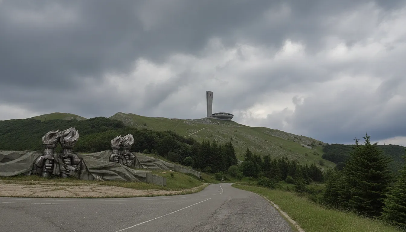 Close-up of the decaying mosaics inside Buzludzha, showing faded portraits and crumbling plaster.