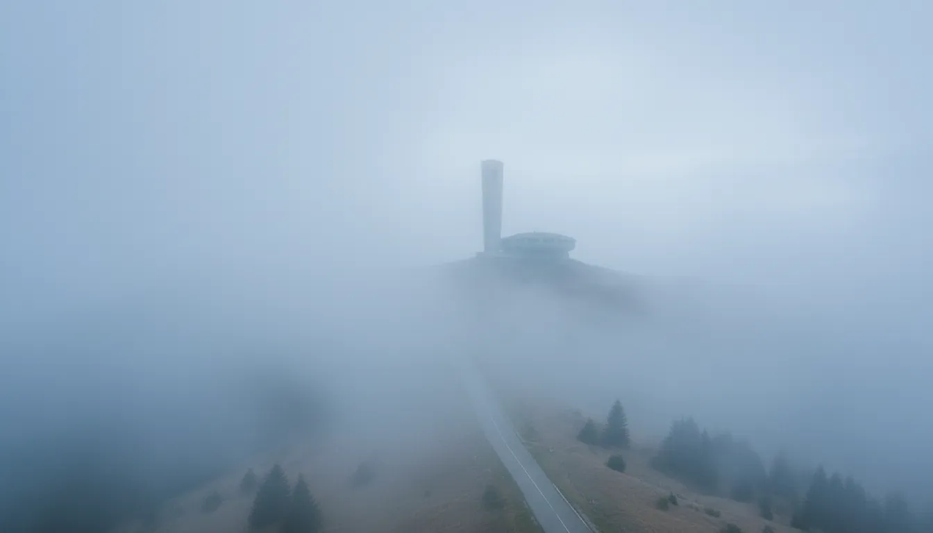 A group of people standing outside the Buzludzha Monument, admiring its scale and unique architecture.