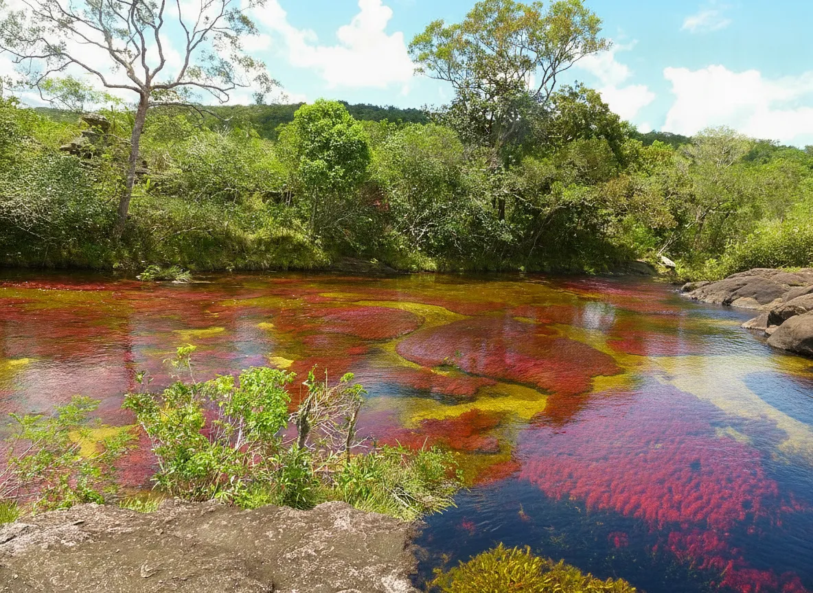 A close-up view of Caño Cristales, showing vibrant red Macarenia clavigera plants under clear water, with hints of green and yellow, and dark rocks