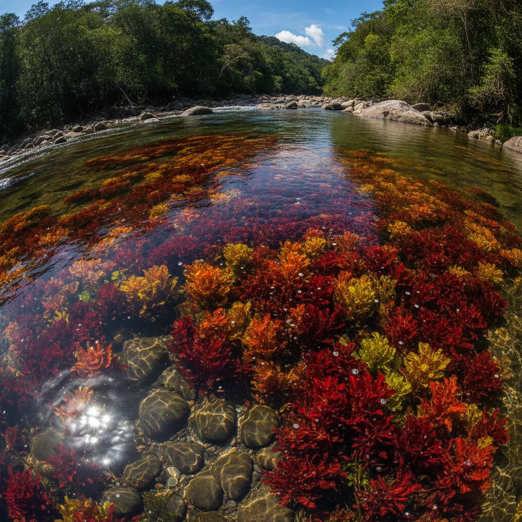 A traveler stands on a rock beside a vibrant section of Caño Cristales, with red and green plants visible through the clear water, surrounded by lush tropical vegetation