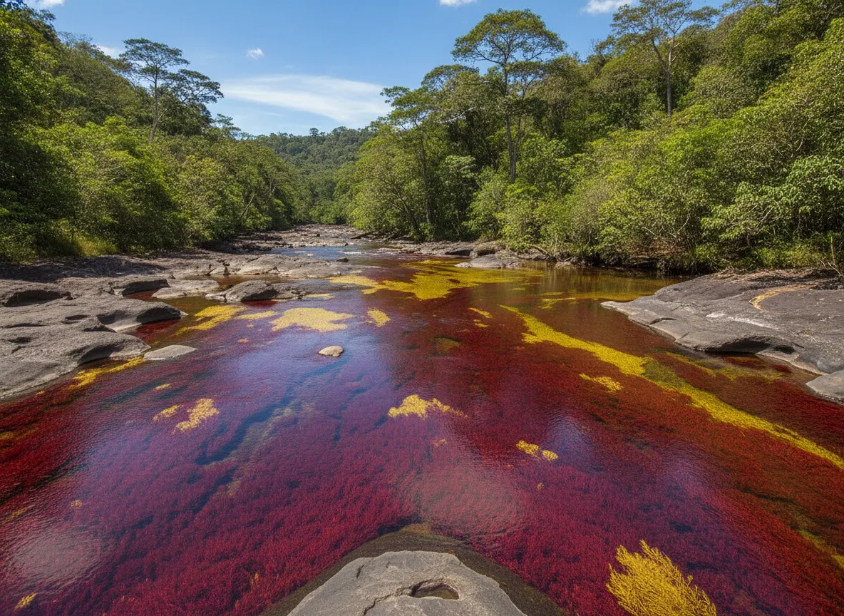 A group of travelers hiking on a rocky trail alongside Caño Cristales, with the colorful river visible and lush green jungle surrounding them