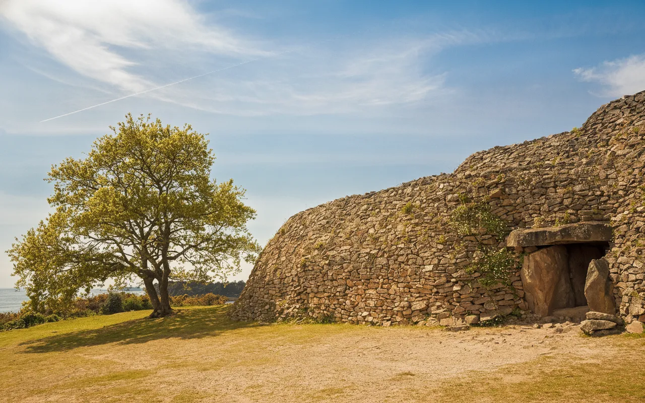 Interior passage of Cairn de Gavrinis showing carved orthostats illuminated by soft light