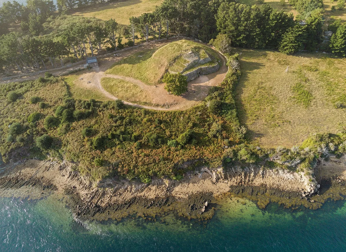 Exterior view of Cairn de Gavrinis on its small island with the Gulf of Morbihan in the background