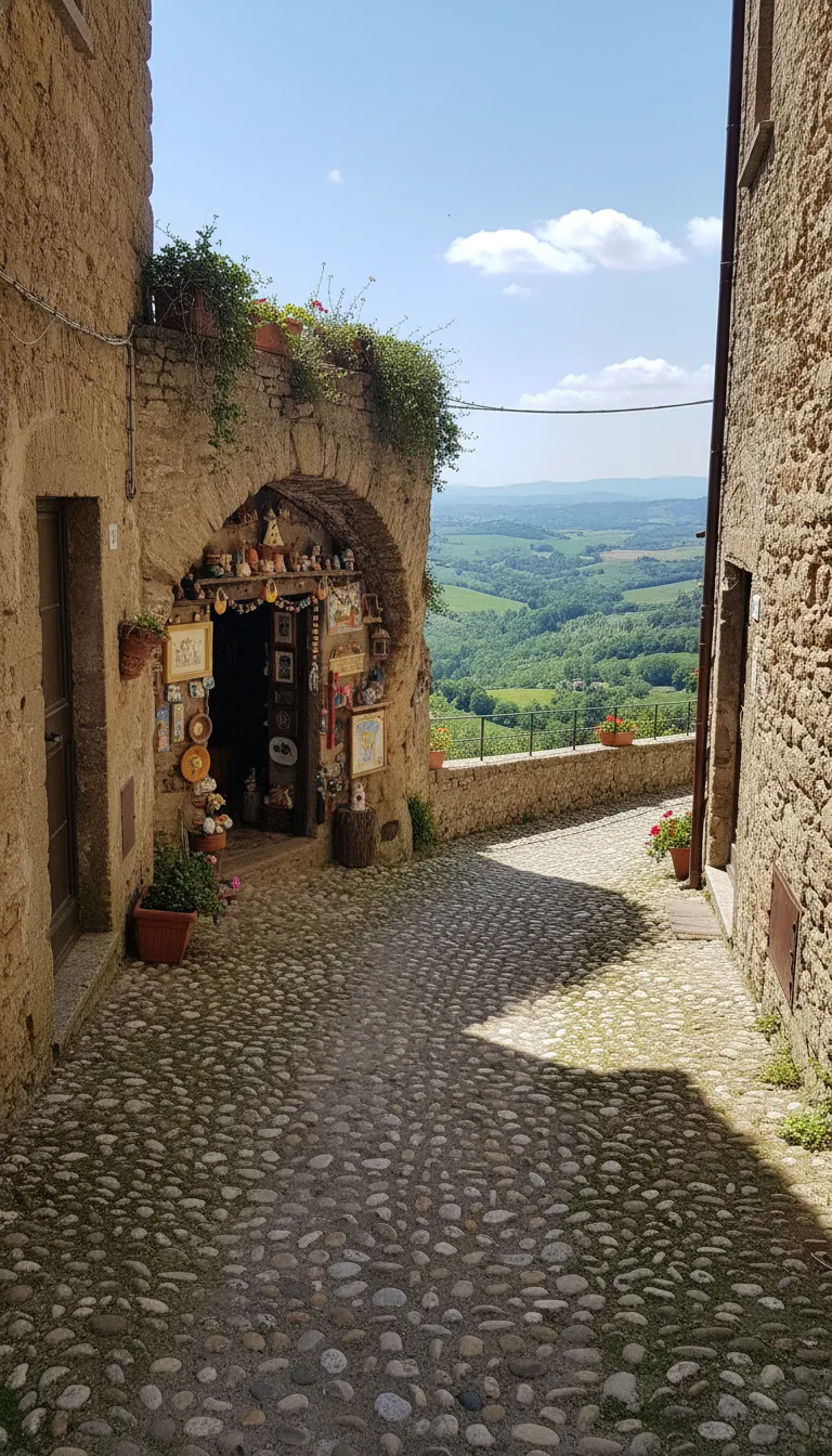 View of the green Treja Valley from a high vantage point in Calcata Vecchia, with a rustic stone wall in the foreground.