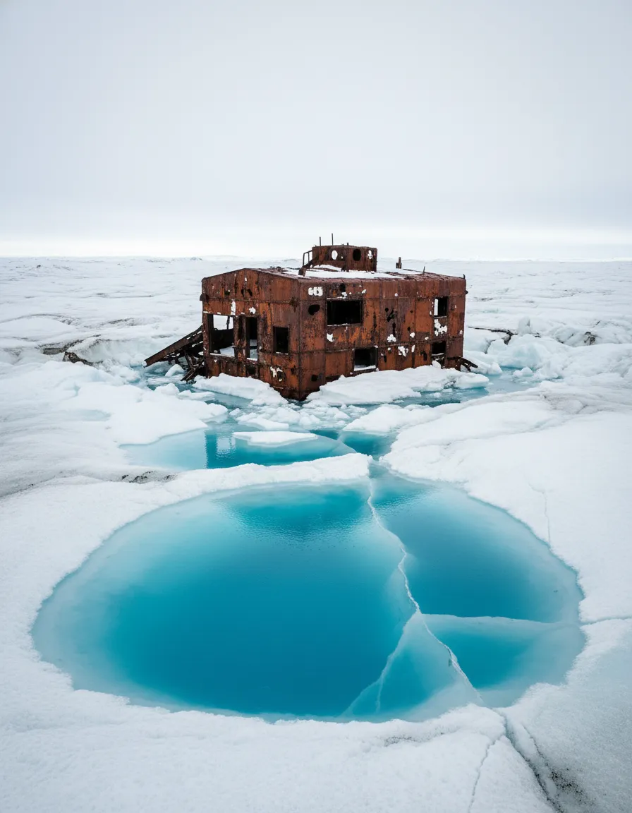 Aerial view of the Greenland ice sheet showing signs of melting near Camp Century's estimated location