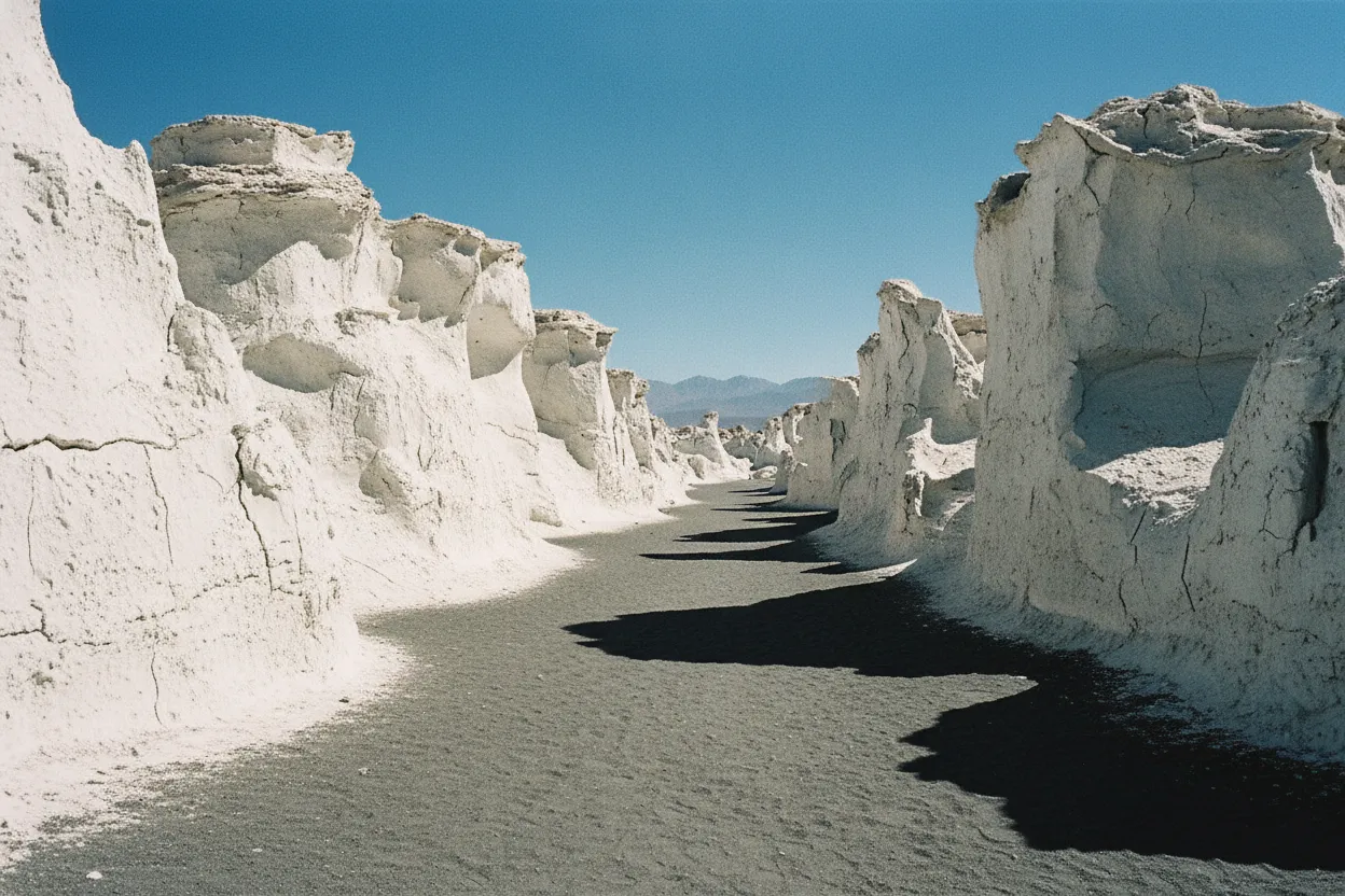 A 4x4 vehicle navigating a sandy track through the white pumice landscape of Campo de Piedra Pómez, emphasizing its remote access.