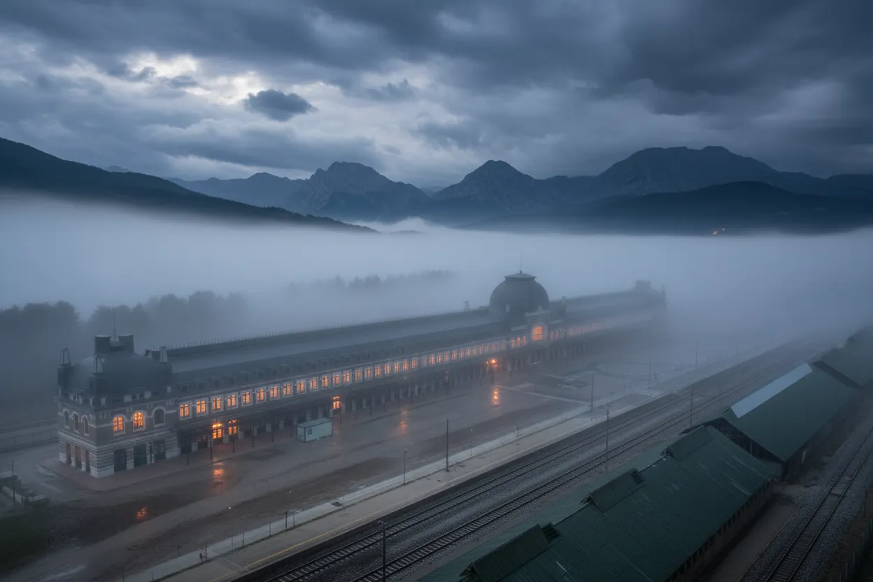 A long, empty railway platform at Canfranc Station, with mountains in the background, conveying a sense of history and solitude.