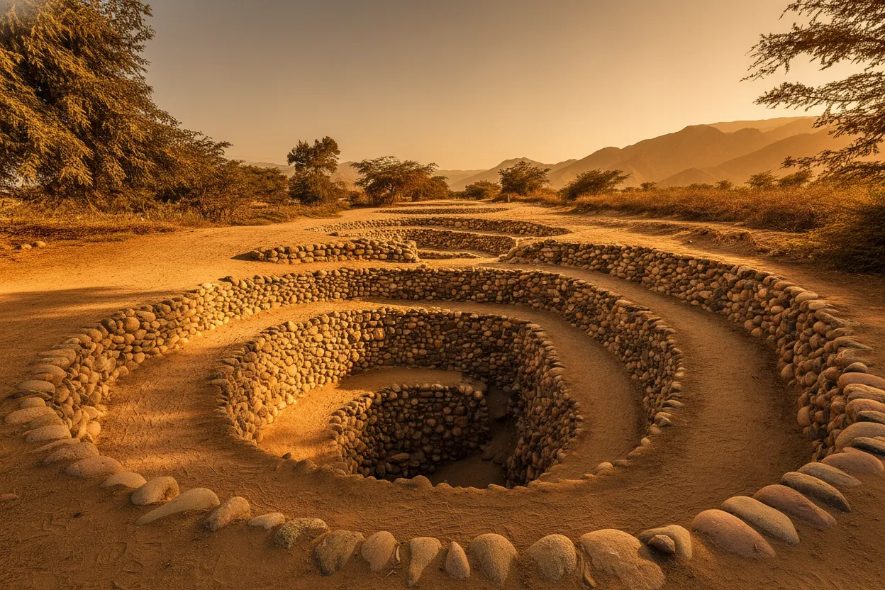 Beneath the arid Nazca desert, ancient spiral wells descend into the earth, feeding a subterranean aqueduct system built millennia ago that still functions perfectly today.