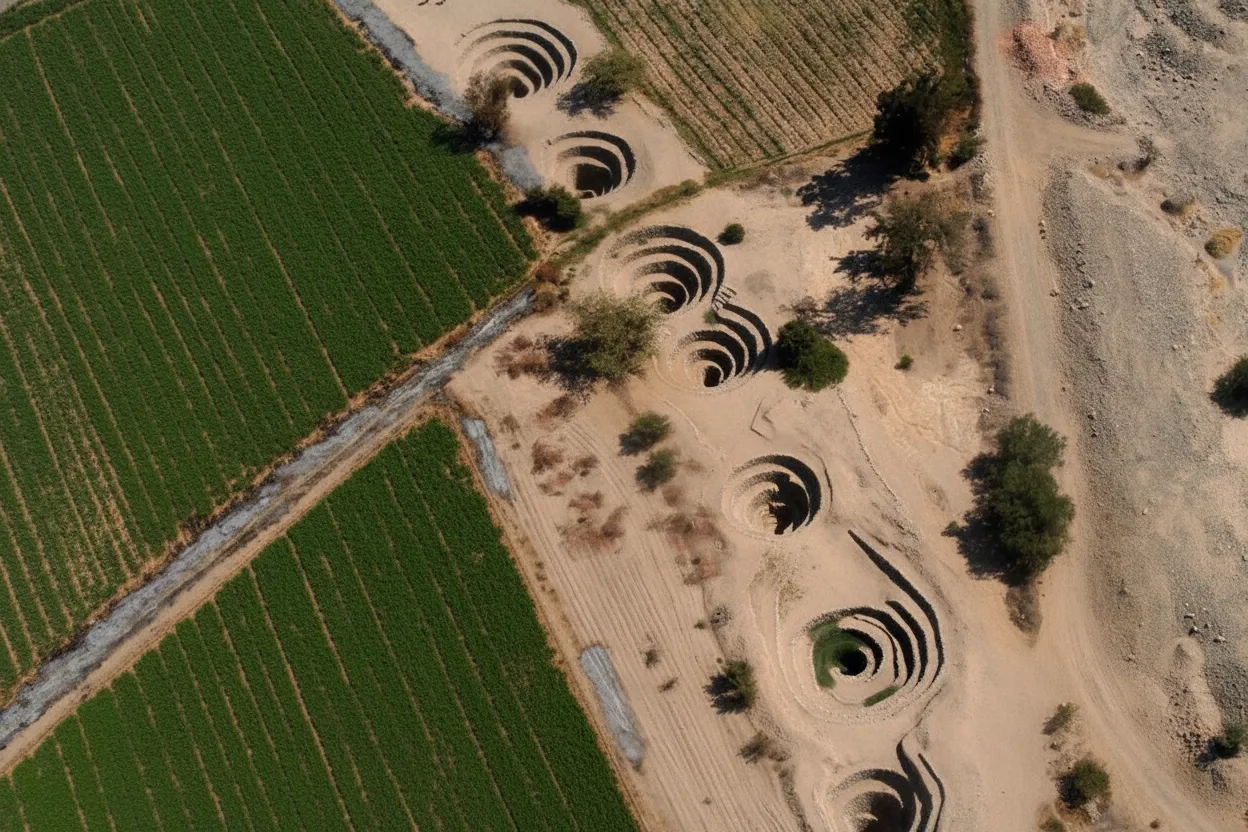 Aerial view of Cantalloc Puquios showing multiple spiral wells against a dry desert landscape