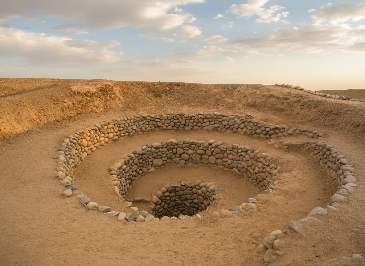 A person looking down into a spiral shaped Cantalloc Puquio, showing its unique construction