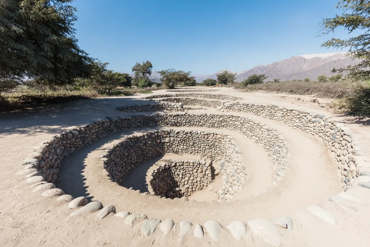 Lush green fields irrigated by the ancient Nazca aqueducts, contrasting with the dry desert