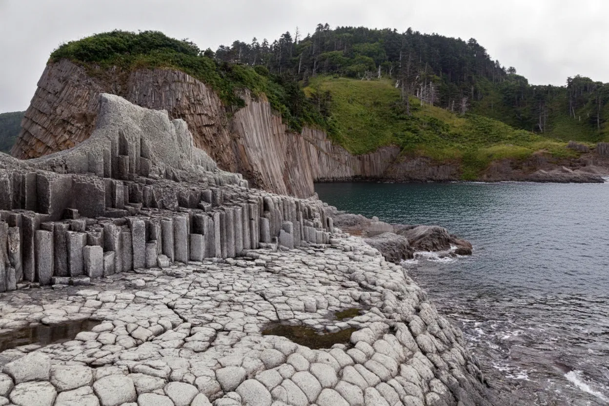 Towering hexagonal basalt columns of Cape Stolbchaty plunging into the sea, resembling a giant's staircase.