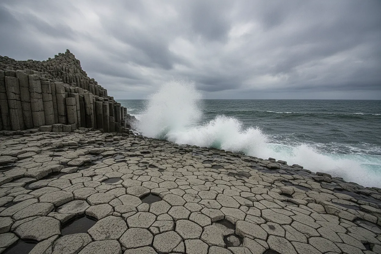 Close-up of the hexagonal basalt columns at Cape Stolbchaty, showing intricate patterns and textures, with seafoam at the base.
