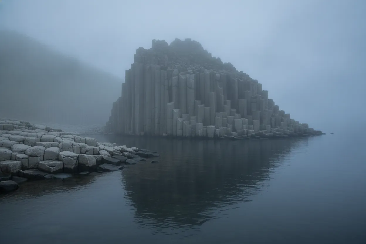 A wide shot of Cape Stolbchaty under a dramatic sky, showing the vastness of the basalt column formations meeting the Pacific Ocean.