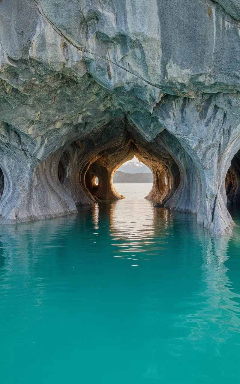 Beneath the azure waters of a Patagonian lake, an ethereal labyrinth of swirling blue and gray marble caves emerges, carved by centuries of icy currents.