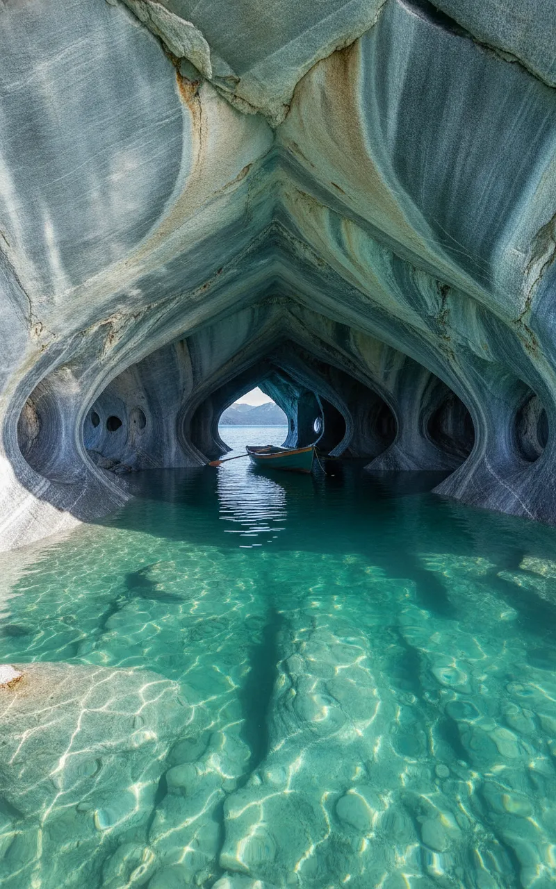 A small boat navigating through the iridescent blue and gray marble caves of Capillas de Mármol, Chile, with sunlight reflecting on the water.