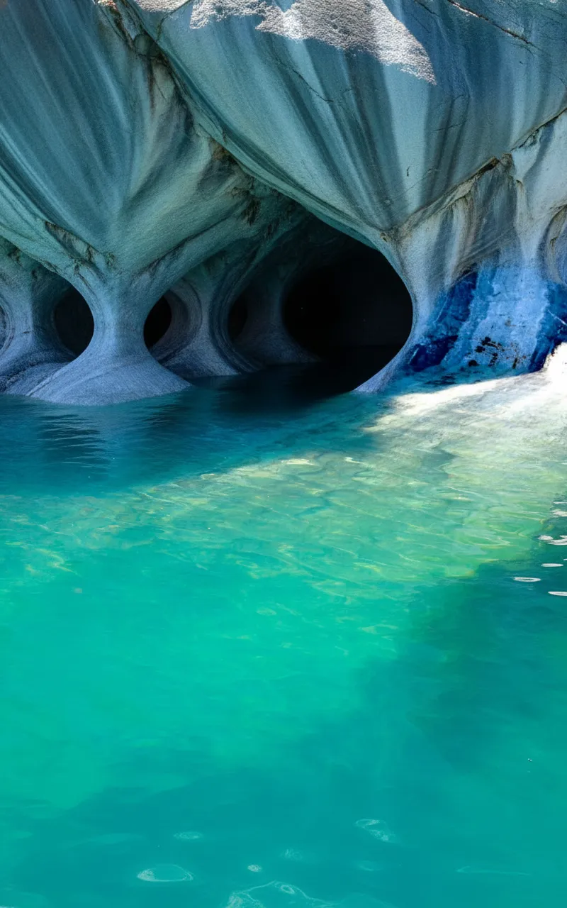 Interior view of the Capillas de Mármol, showing intricate patterns of blue and grey marble walls illuminated by light reflecting off the turquoise lake water.