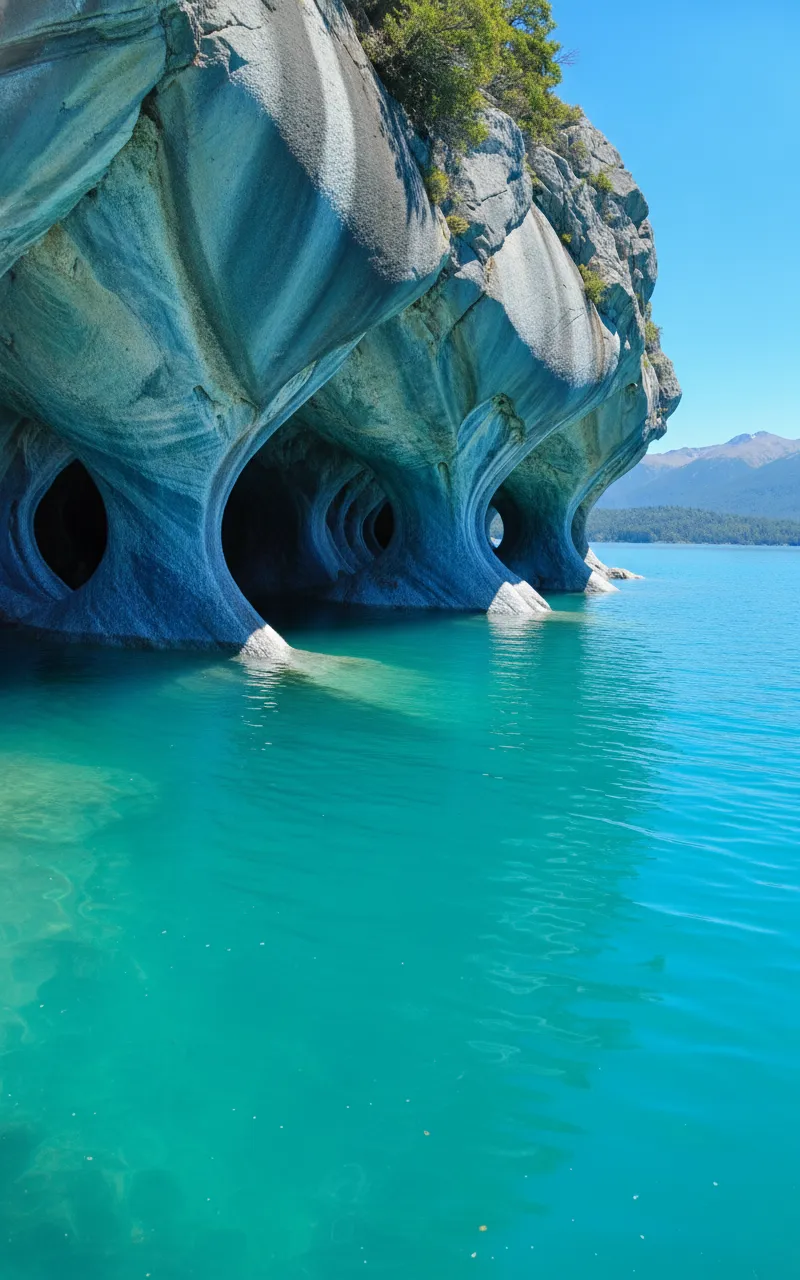 Panoramic view of Lake General Carrera with the Capillas de Mármol in the distance, surrounded by green Patagonian hills under a blue sky.