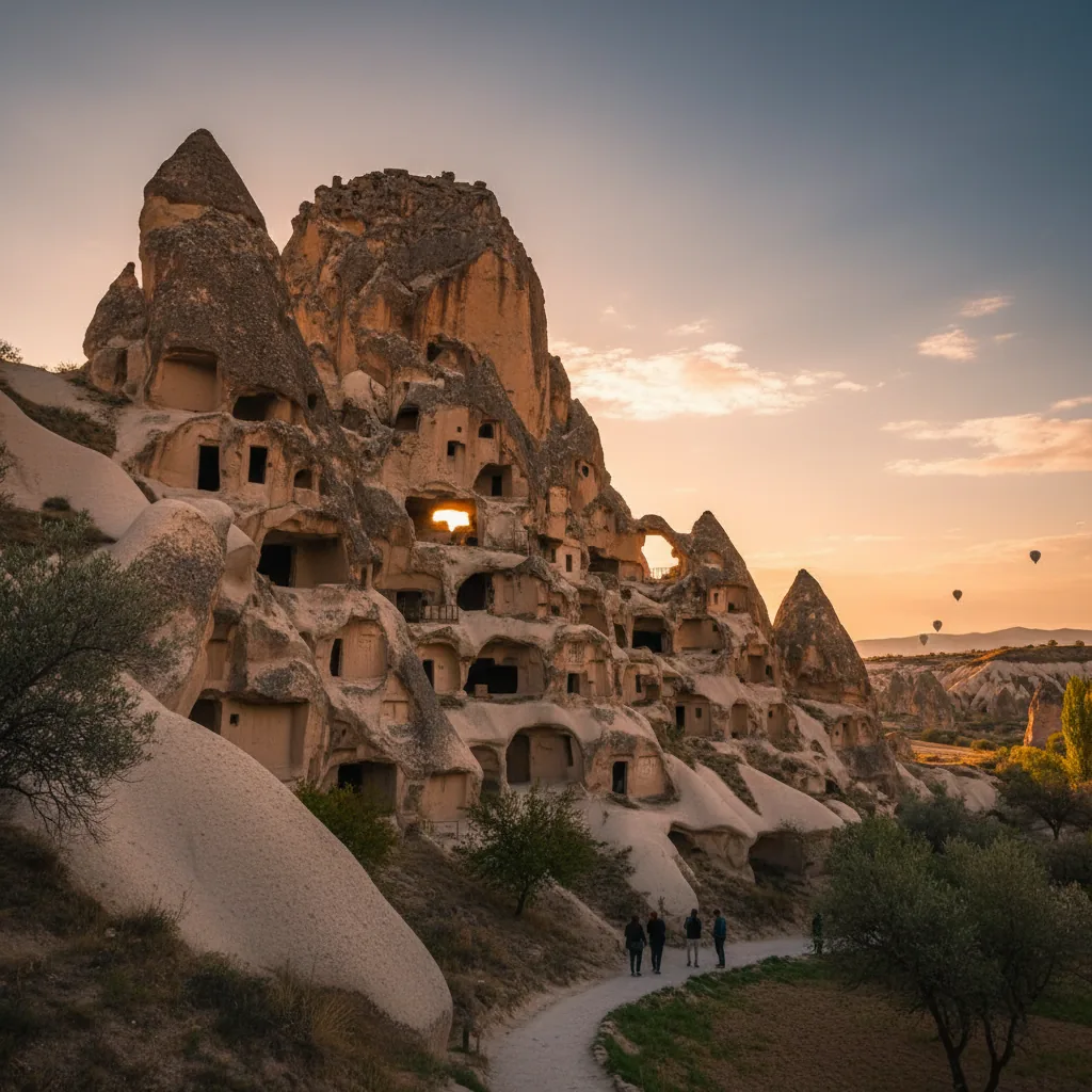 A close-up view of the unique fairy chimney rock formations in Cappadocia, Turkey, with clear blue skies.