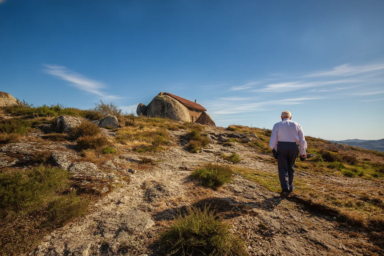 Casa do Penedo, the House of Stone, nestled seamlessly between giant granite boulders in the Fafe mountains of Portugal.