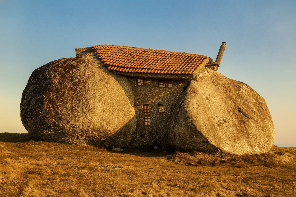 Close-up view of Casa do Penedo showing the intricate way the house is built directly into and around the natural granite boulders.