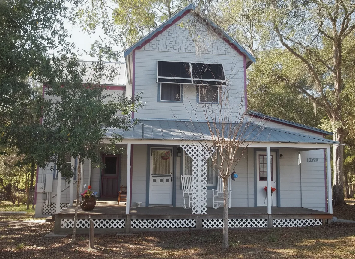 Historic Cassadaga Hotel facade with guests entering, surrounded by lush Florida vegetation