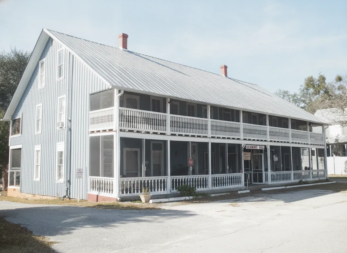 Lush, tranquil gardens and pathways winding through the historic Cassadaga Spiritualist Camp, bathed in soft sunlight