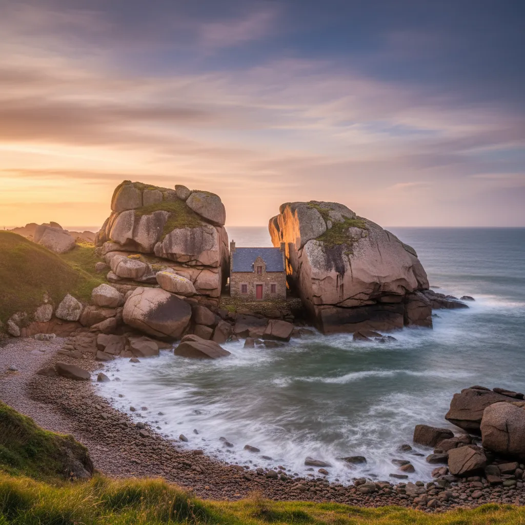 Imagine a house so impossibly nestled between two colossal granite boulders that it seems to defy the very laws of architecture and nature, staring out into the tempestuous Atlantic.
