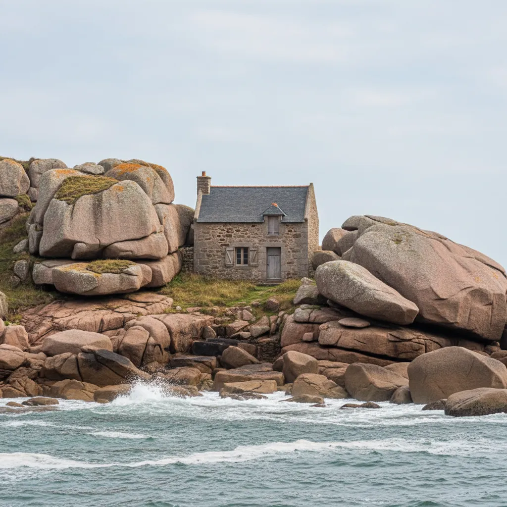 Castel Meur, the house between two rocks, viewed from a distance with the Atlantic Ocean in the background, showcasing its unique and precarious location.