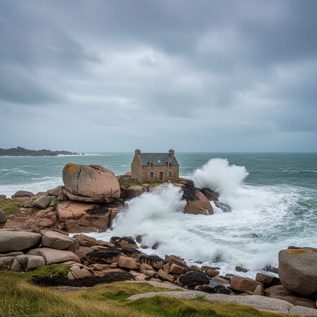 A closer view of Castel Meur, highlighting the texture of the granite rocks and the stone walls of the house, with the powerful Atlantic waves crashing nearby.