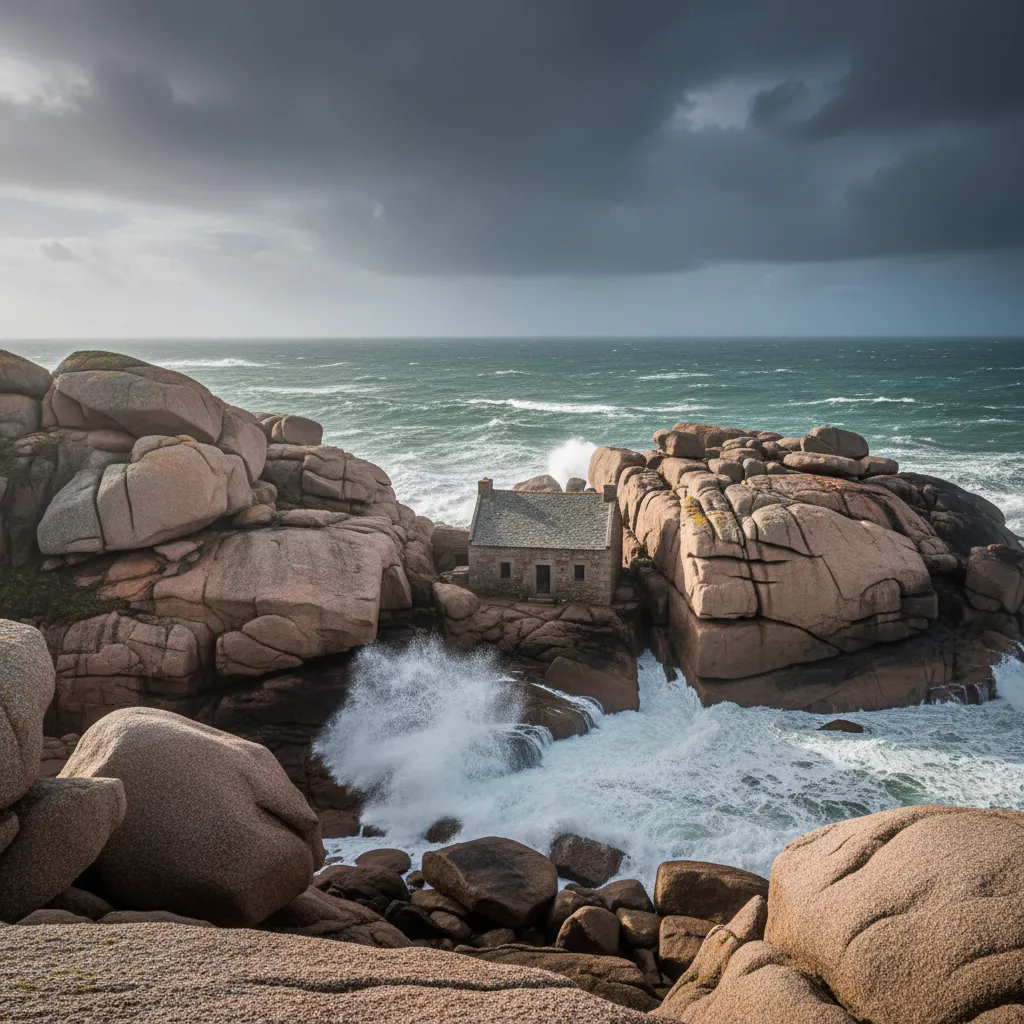Panoramic view of the rugged Pink Granite Coast near Castel Meur, showing other unique rock formations and the dramatic coastline under a clear sky.