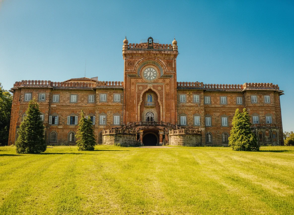 The vibrant and intricate interior of Castello di Sammezzano, showcasing Moorish-revival architecture with colorful mosaics and detailed stucco work.