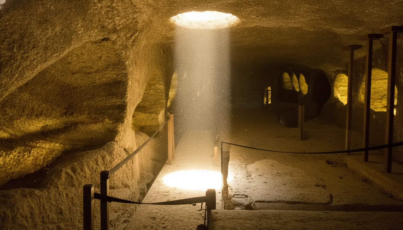 Delve into an ancient underground labyrinth beneath a picturesque Greek island, where early Christians carved thousands of sacred resting places.