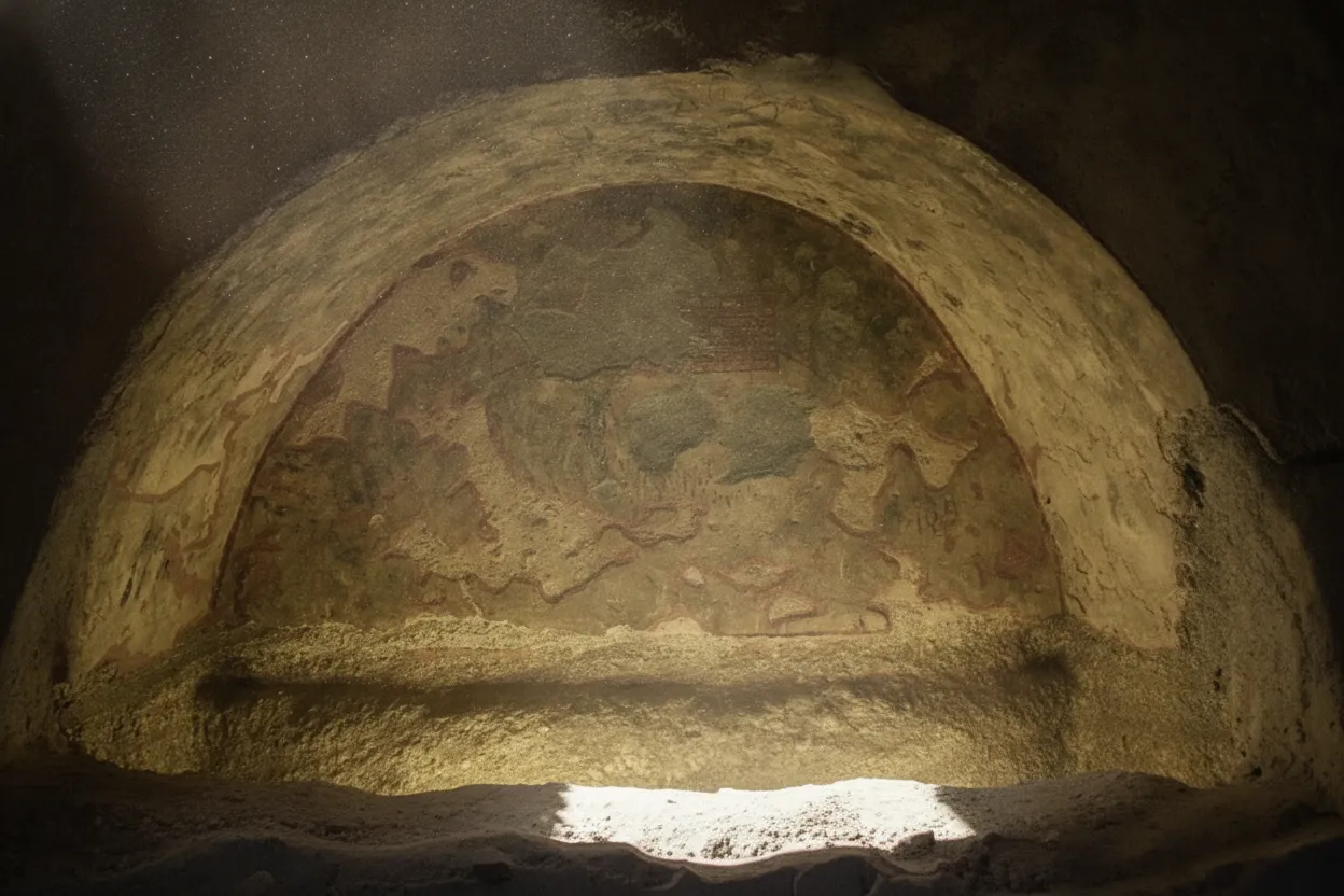 Interior view of the Catacombs of Milos, showing narrow passages and numerous loculi (burial niches) carved into the soft rock walls.