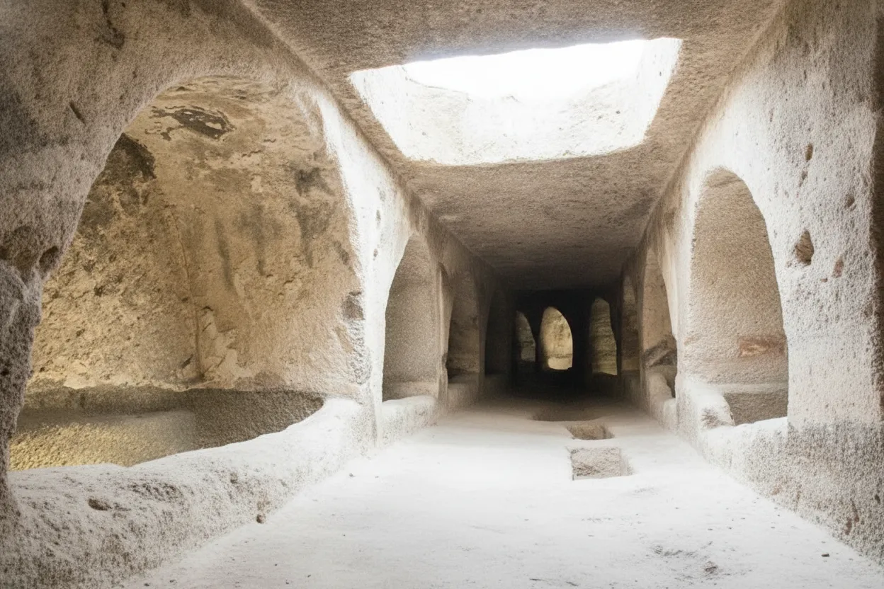 A wider view inside the Catacombs of Milos, showcasing the scale of the underground network with multiple passages and burial chambers.