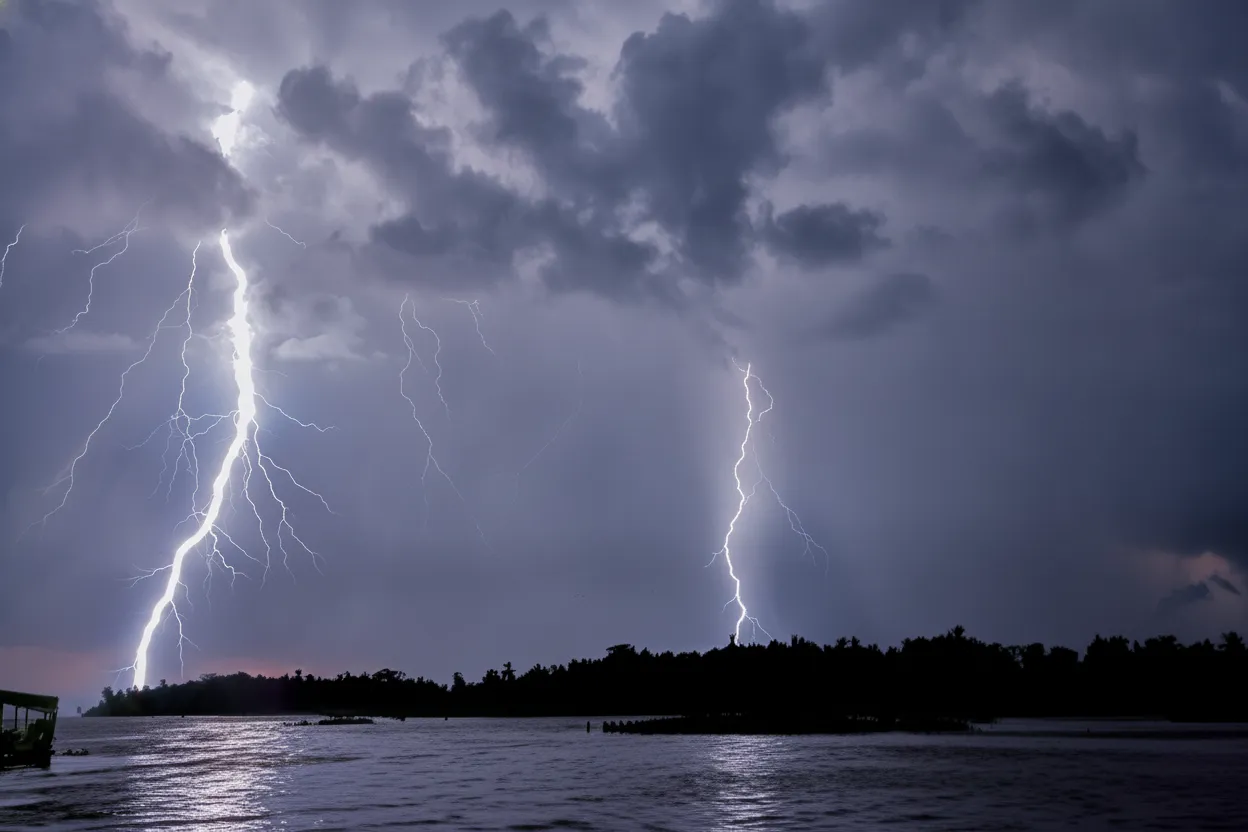 Catatumbo Lightning illuminating the night sky over Lake Maracaibo with vibrant flashes