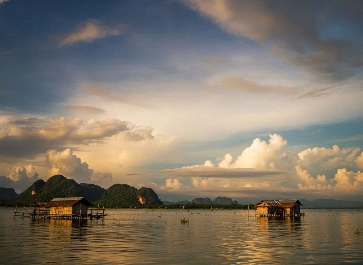 A small boat navigating through a narrow channel in the Catatumbo wetlands at sunset, heading towards the lightning observation area